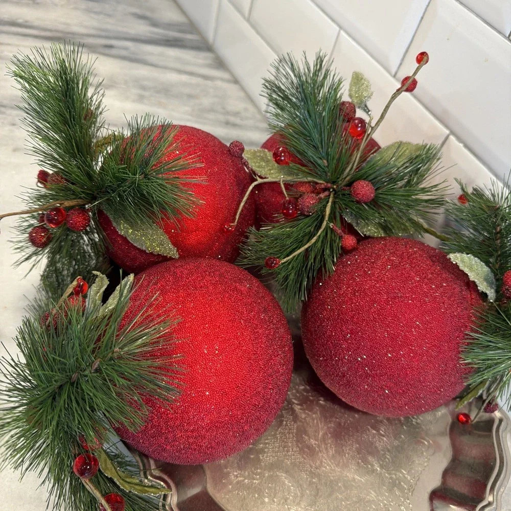 Set Of 5 Large Red Sparkle Christmas Balls With Pine And Cranberries